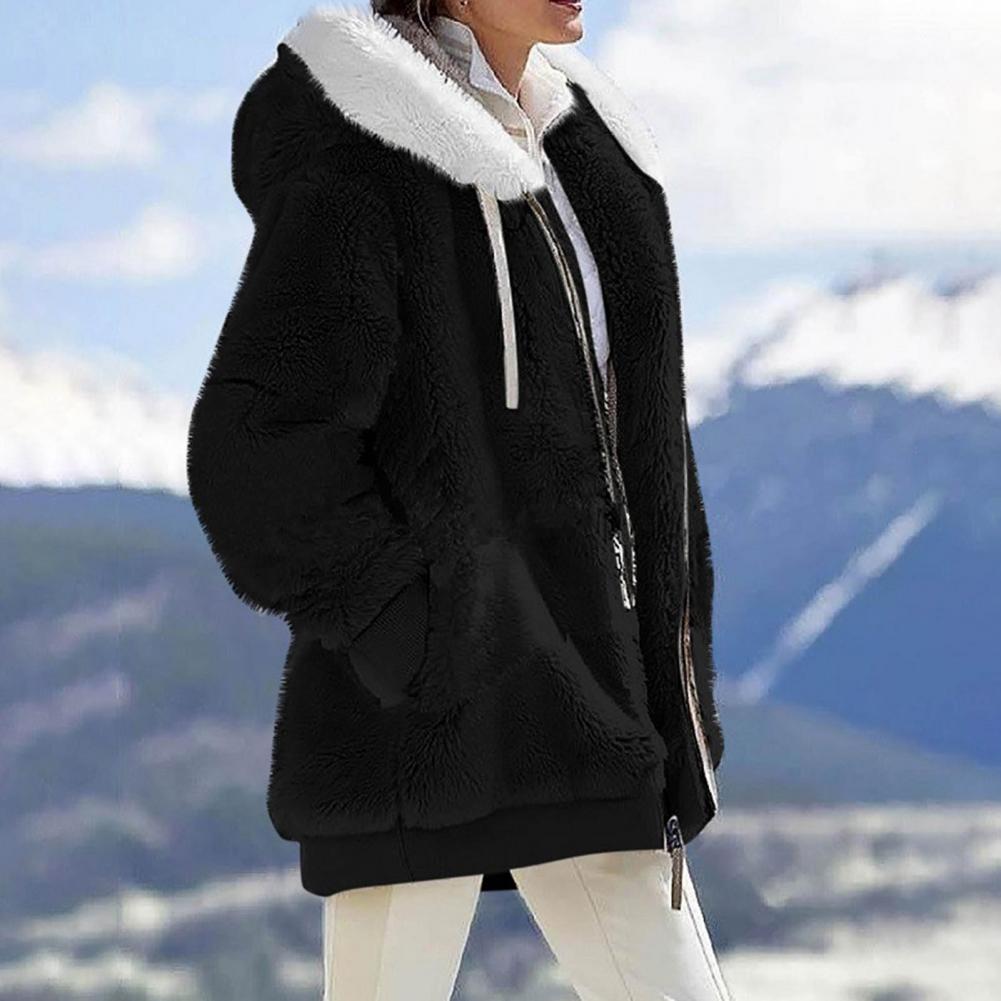 Women's loose plush hooded jacket with fur collar, stylish black outerwear for spring and autumn.