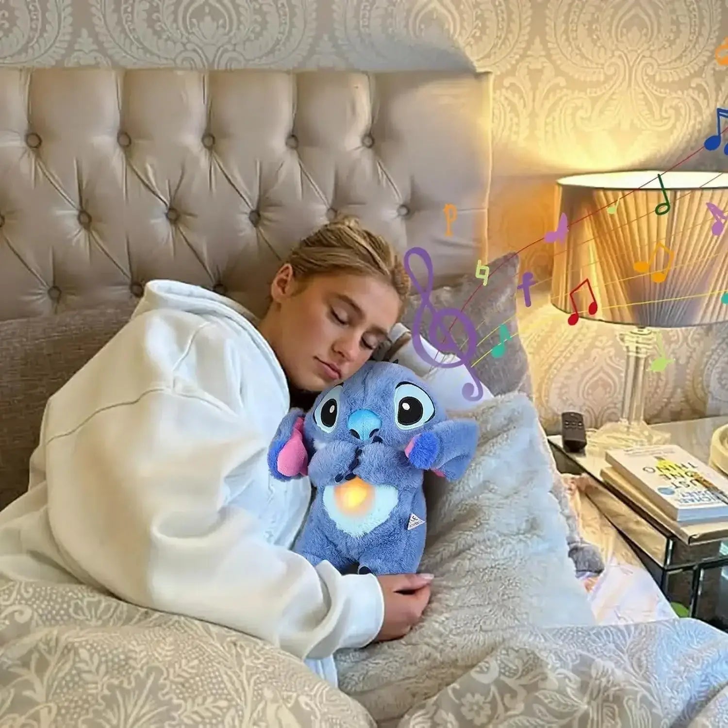 Child cuddling Disney Stitch plush in bed