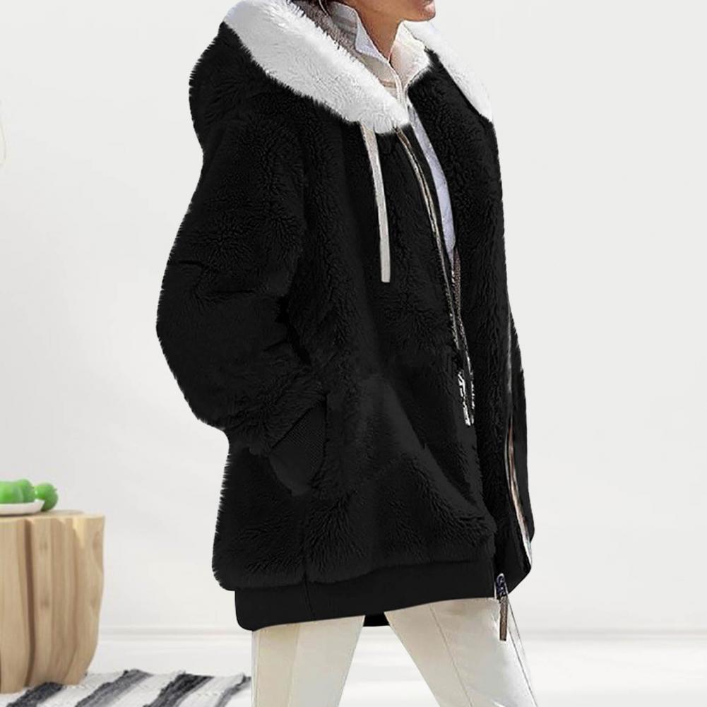 Loose plush hooded jacket for women, black with white collar, casual spring autumn winter outerwear.