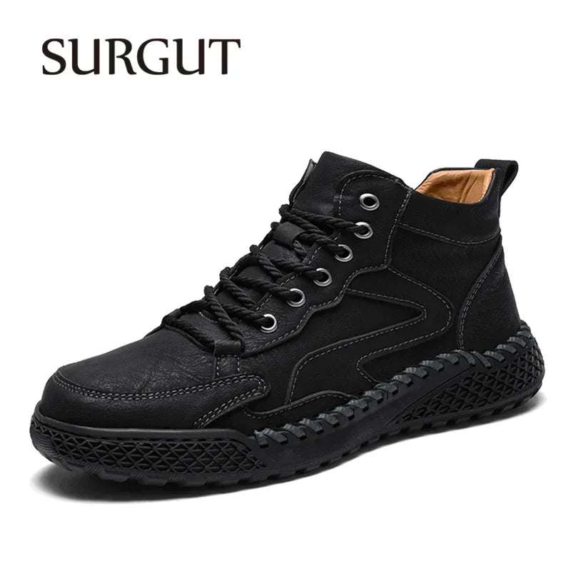 SURGUT Leather Men Ankle Boots Comfortable Platform Walking Boots New Design Soft Leather Office Business Boots Sneakers - olympicfangear