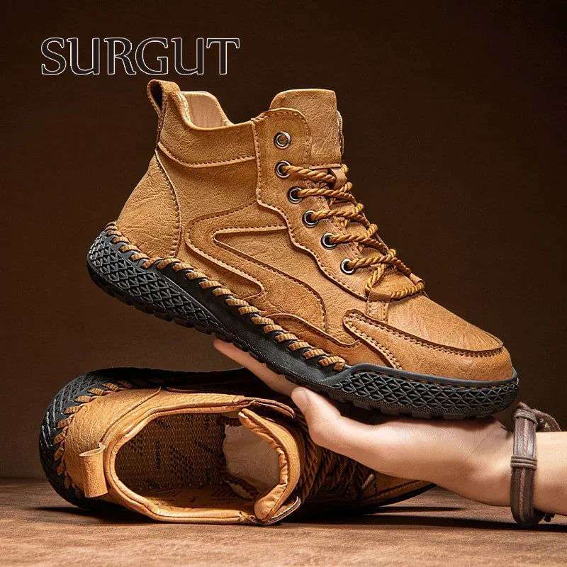 SURGUT Leather Men Ankle Boots Comfortable Platform Walking Boots New Design Soft Leather Office Business Boots Sneakers - olympicfangear