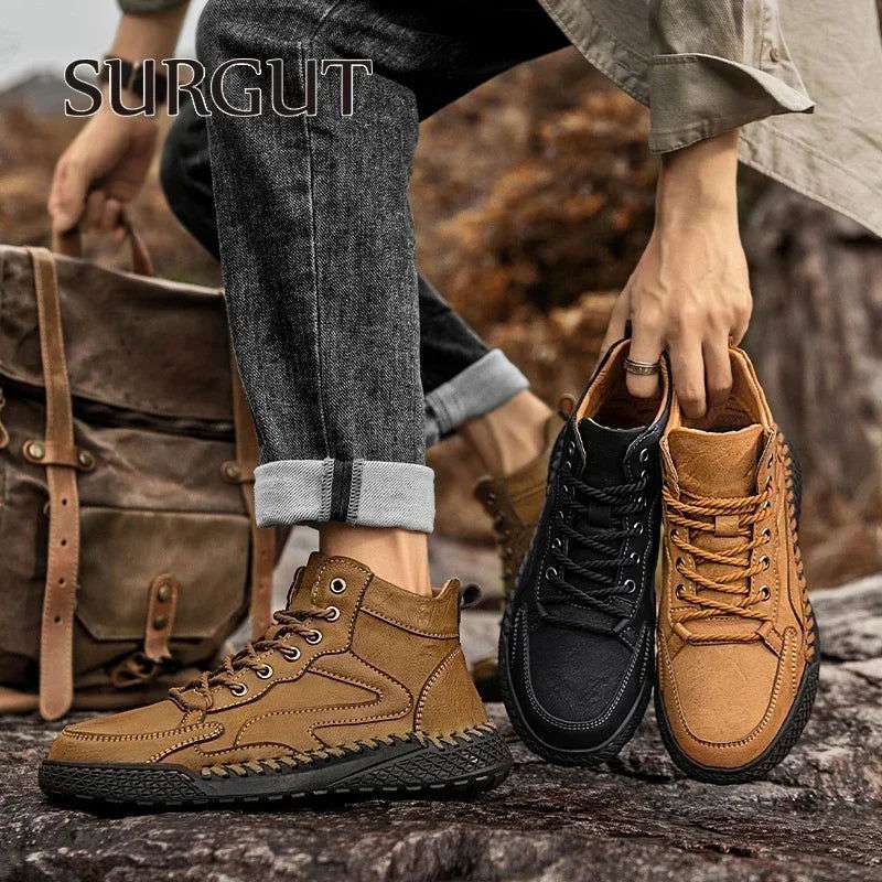 SURGUT Leather Men Ankle Boots Comfortable Platform Walking Boots New Design Soft Leather Office Business Boots Sneakers - olympicfangear