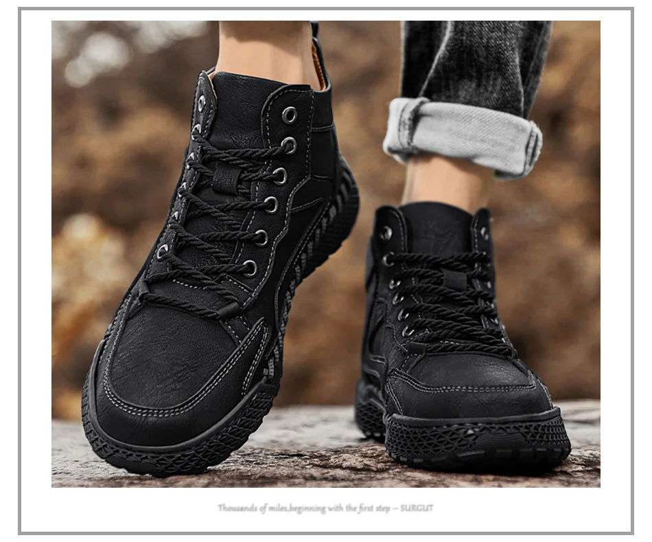 SURGUT Leather Men Ankle Boots Comfortable Platform Walking Boots New Design Soft Leather Office Business Boots Sneakers - olympicfangear