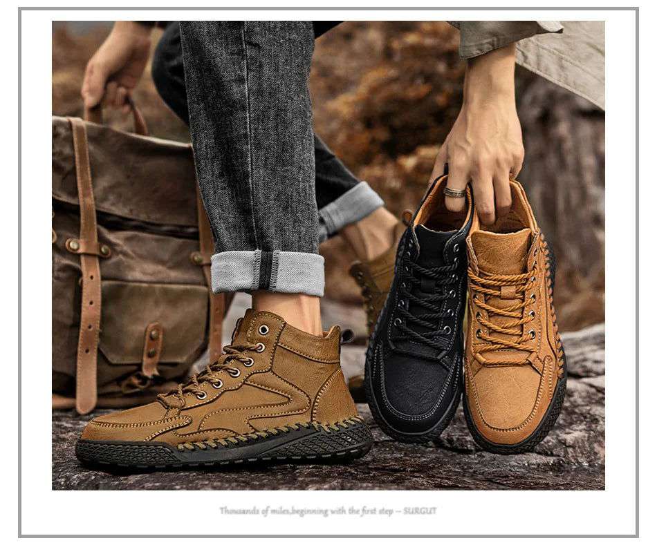 SURGUT Leather Men Ankle Boots Comfortable Platform Walking Boots New Design Soft Leather Office Business Boots Sneakers - olympicfangear