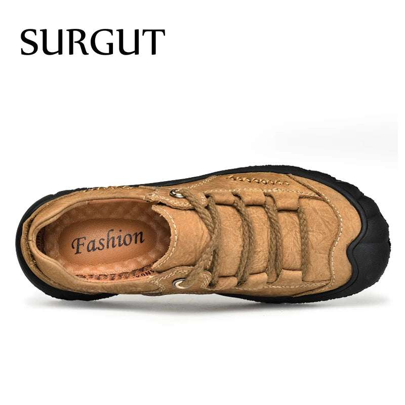 SURGUT Men's Genuine Leather Casual Shoes Outdoor Trendy Men Shoes Waterproof Non-slip Man Platform Shoes Anti-collision Toe - olympicfangear