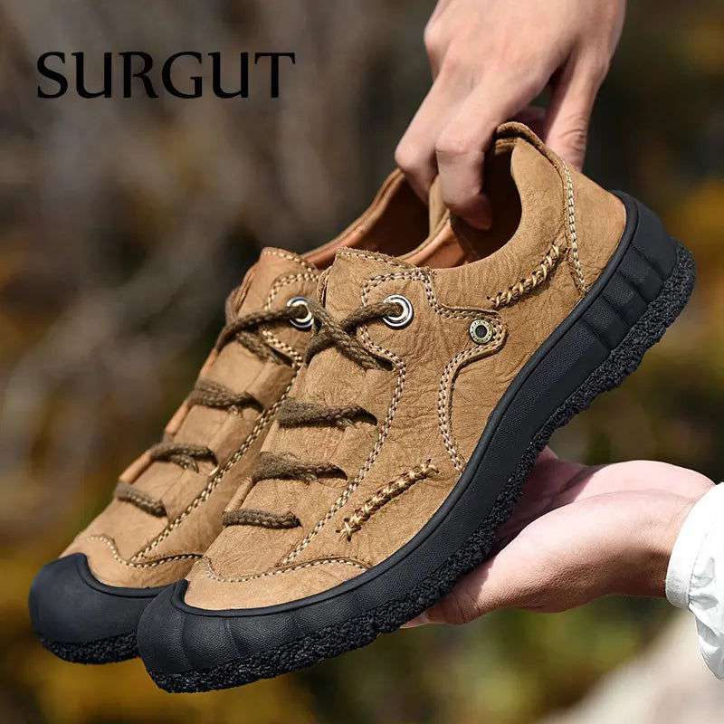 SURGUT Men's Genuine Leather Casual Shoes Outdoor Trendy Men Shoes Waterproof Non-slip Man Platform Shoes Anti-collision Toe - olympicfangear