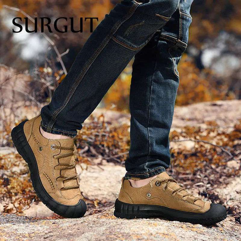 SURGUT Men's Genuine Leather Casual Shoes Outdoor Trendy Men Shoes Waterproof Non-slip Man Platform Shoes Anti-collision Toe - olympicfangear