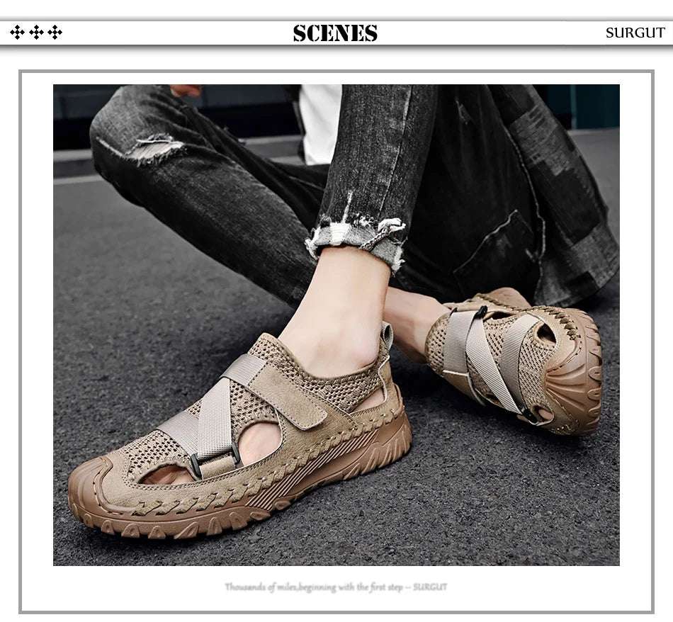 SURGUT Summer Men's Shoes 2024 New Casual Mesh Sandals Outdoor Walking Anti-slip Beach Sports Shoes Platform Sandals Slipper Man - olympicfangear
