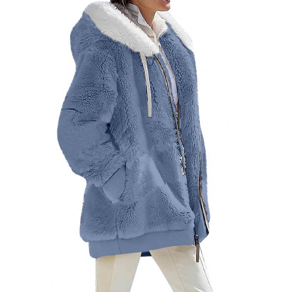 Women’s blue plush hooded jacket with fur collar, perfect for spring, autumn, and winter. Casual and stylish outerwear.