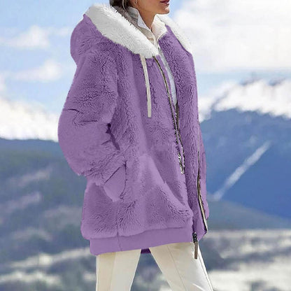 Women’s loose plush hooded jacket in lavender with a cozy white faux fur collar, perfect for spring and autumn.