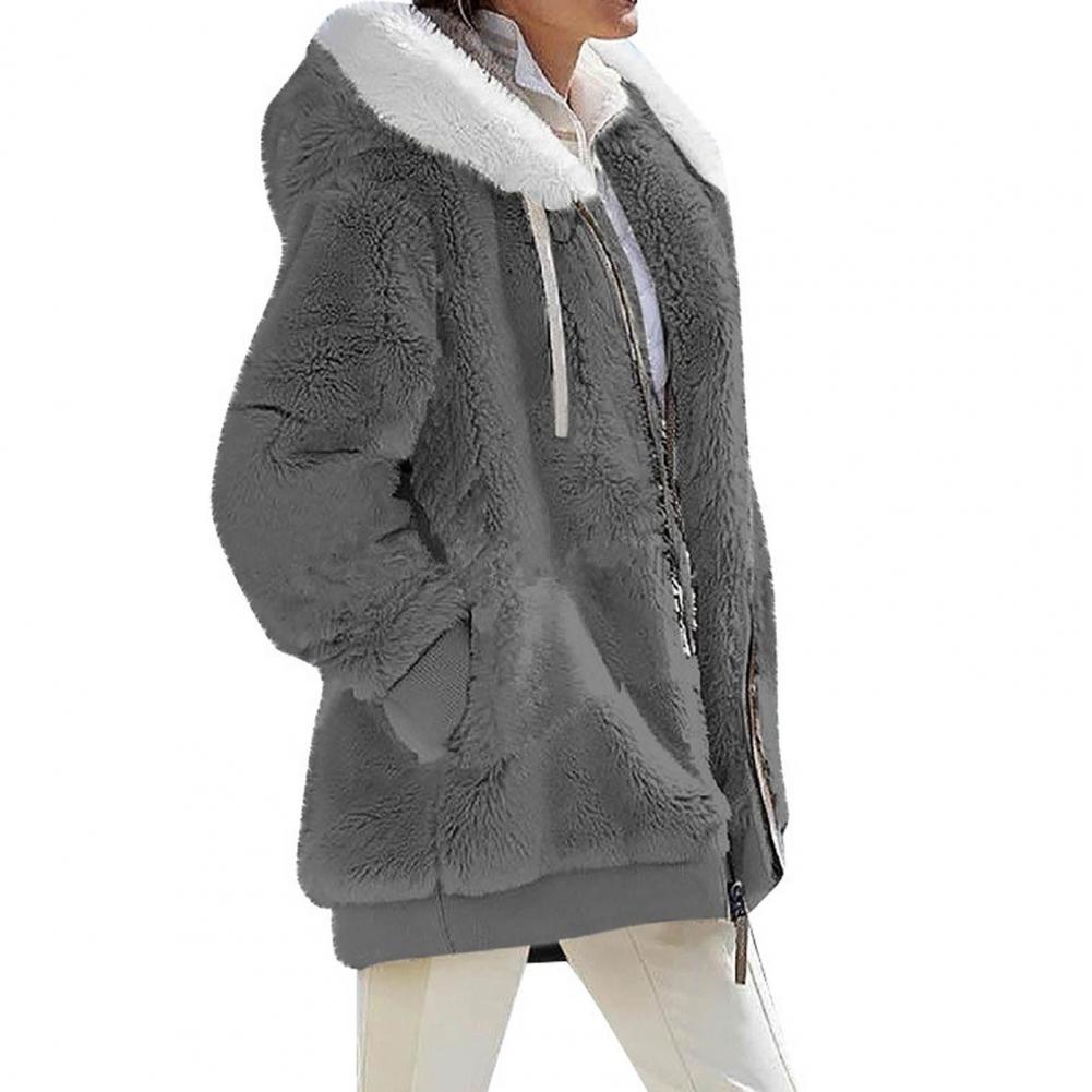 Loose plush hooded jacket for women, gray color, featuring a fuzzy texture and casual style for spring and autumn.