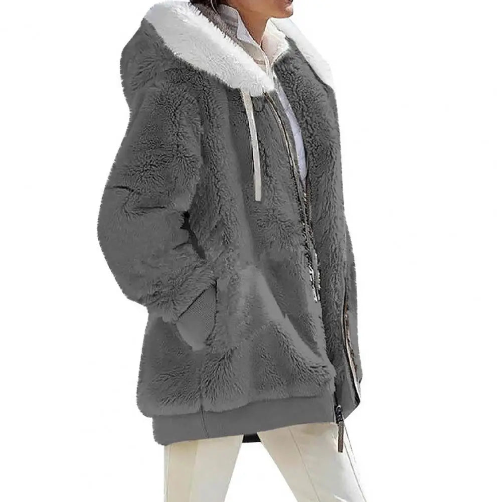 Women's loose plush hooded jacket in gray with a furry collar, perfect for spring, autumn, and winter.