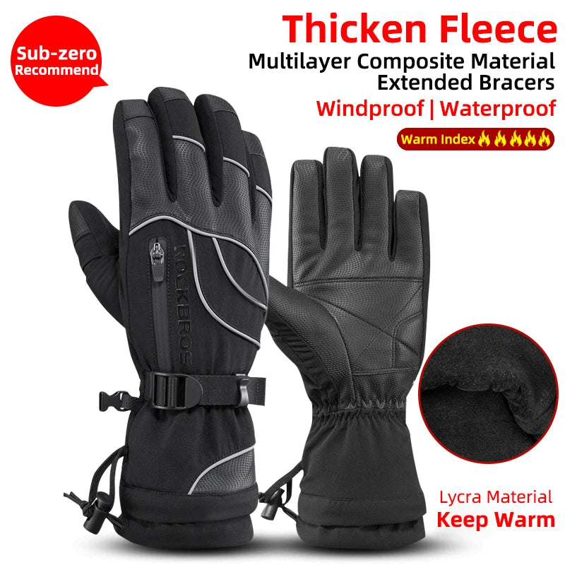 ROCKBROS Winter Fleece Thermal Gloves for Men Women Motorcycle Waterproof Snowboard Snowmobile Cycling - olympicfangear