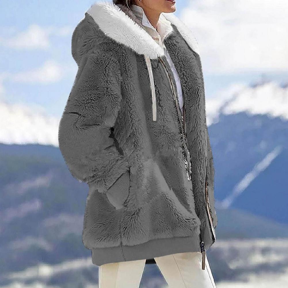 Gray loose plush hooded jacket with fur collar, perfect for casual wear in spring or autumn. Stylish and cozy outerwear for women.