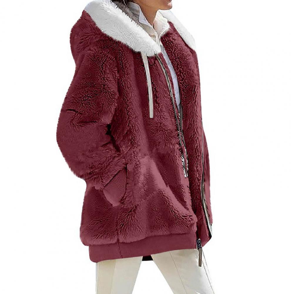 Loose plush pink hooded jacket for women with fluffy texture, perfect for spring and autumn wear.