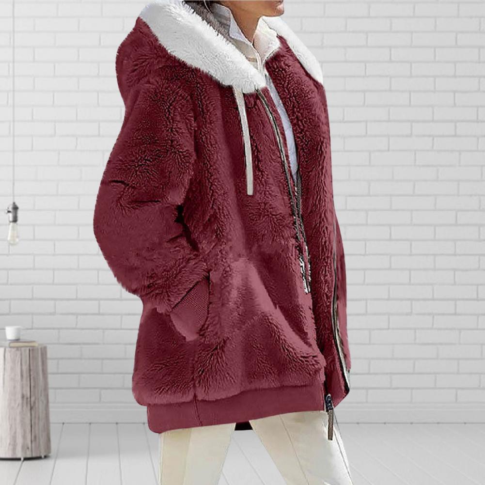 Loose plush pink hooded jacket for women with a cozy fur collar, perfect for spring, autumn, and winter wear.