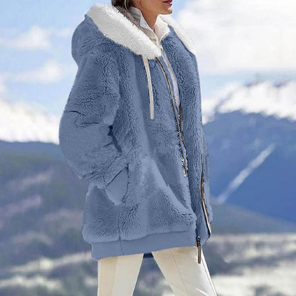 Loose plush zipped hooded jacket for women in light blue, with a soft fur collar, ideal for spring and autumn wear.