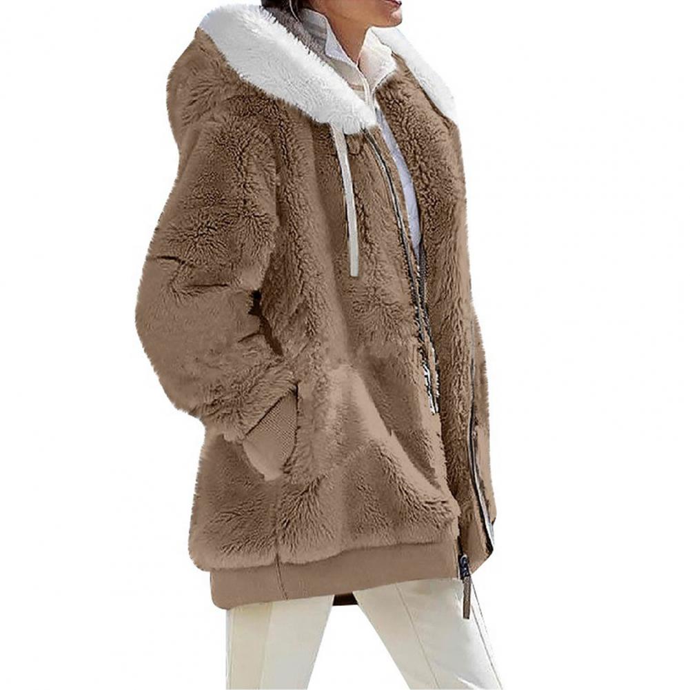 Loose plush hooded jacket for women in beige with fur lining, perfect for spring and autumn wear.