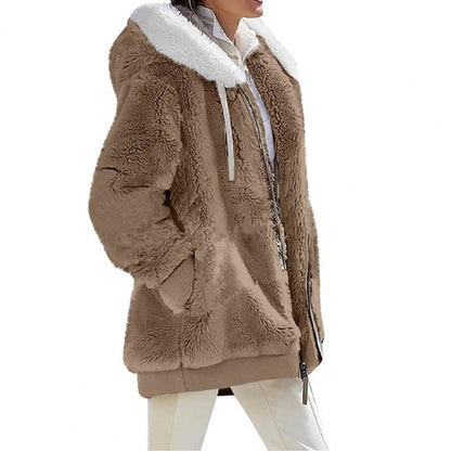 Loose plush hooded jacket for women in beige with fur lining, perfect for spring and autumn wear.