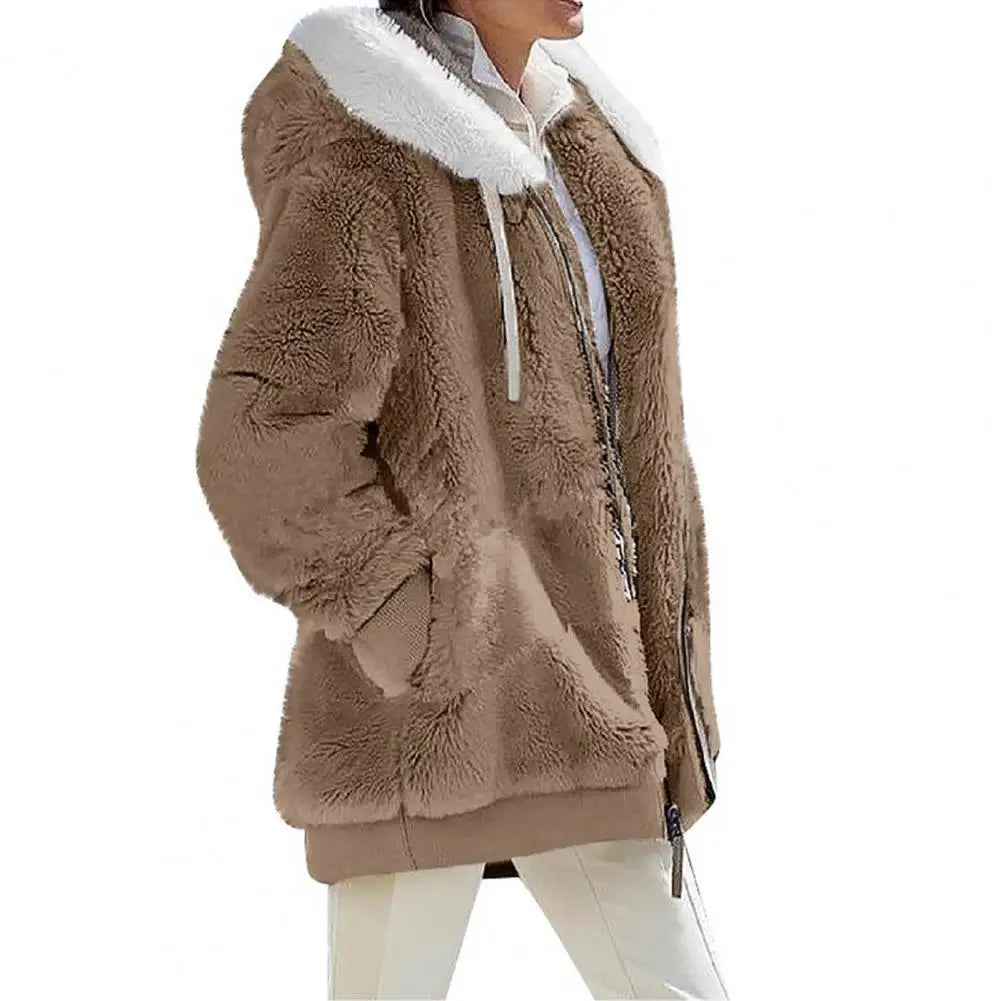 Women's casual hooded plush jacket with fur lining, perfect for autumn and winter.