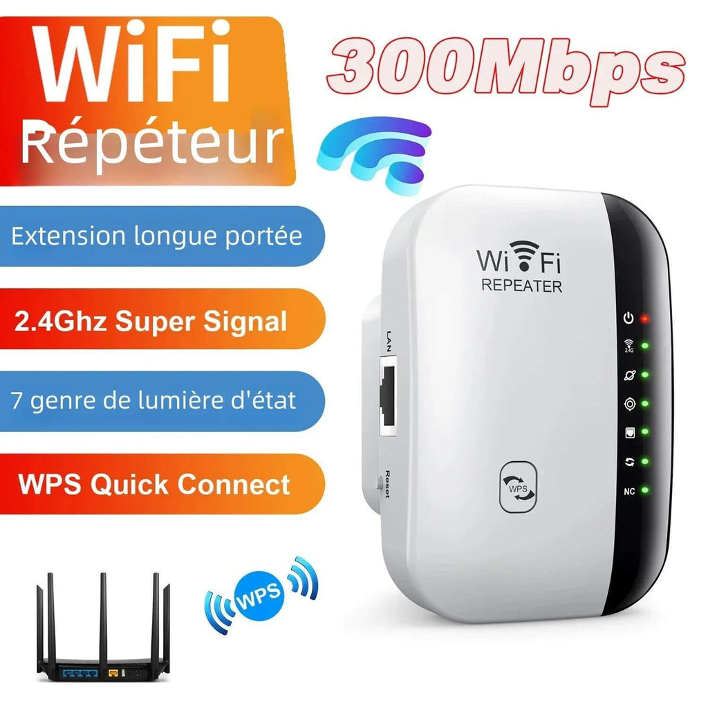 Wireless WiFi Repeater 300Mbps with WPS, 2.4GHz signal, and 7 status lights for long-range connectivity.