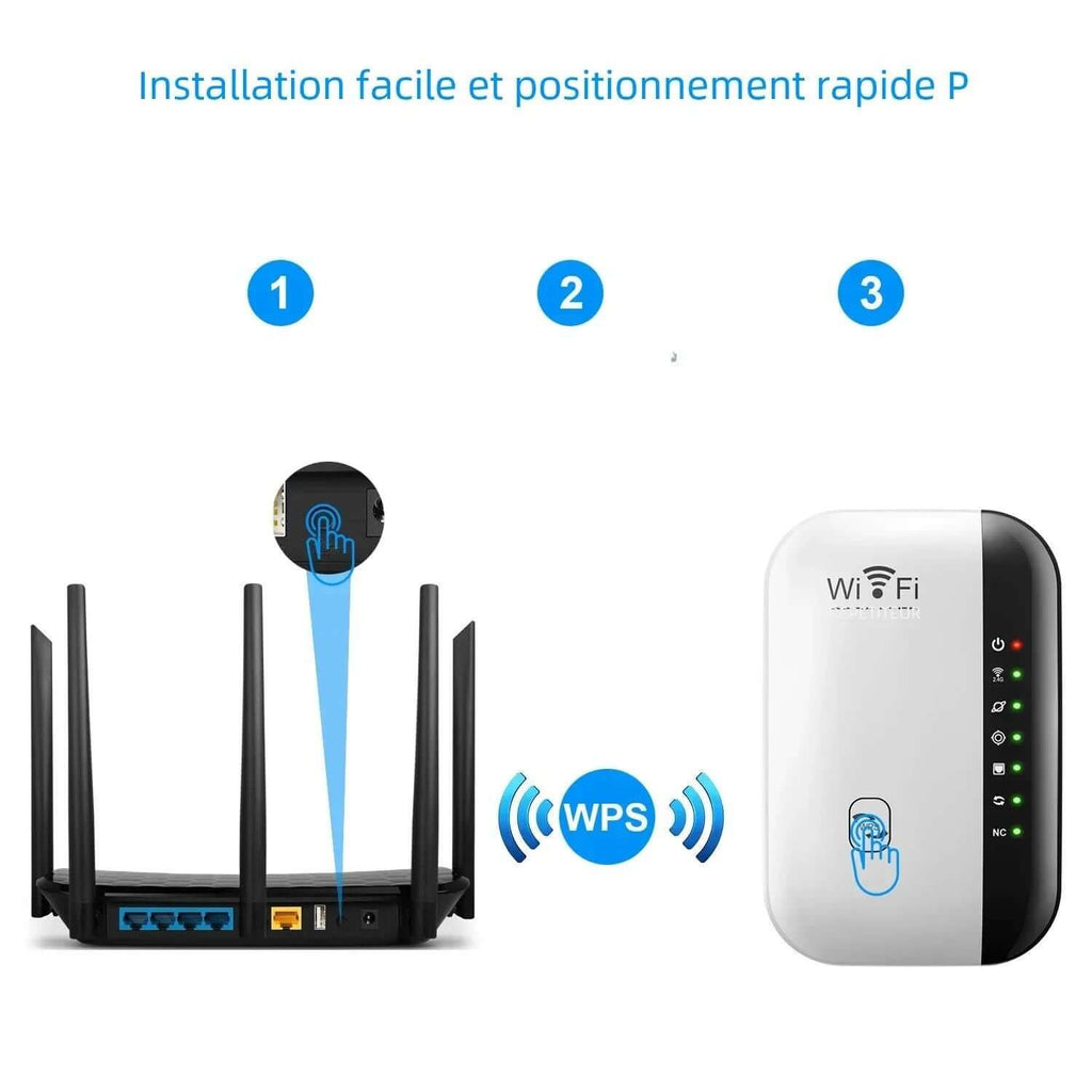 Easy installation steps for WiFi Repeater with WPS feature and indicator lights for setup guidance.