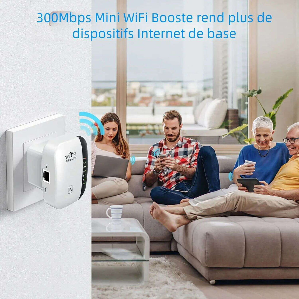300Mbps WiFi repeater boosting signal in a modern living room with people using devices.