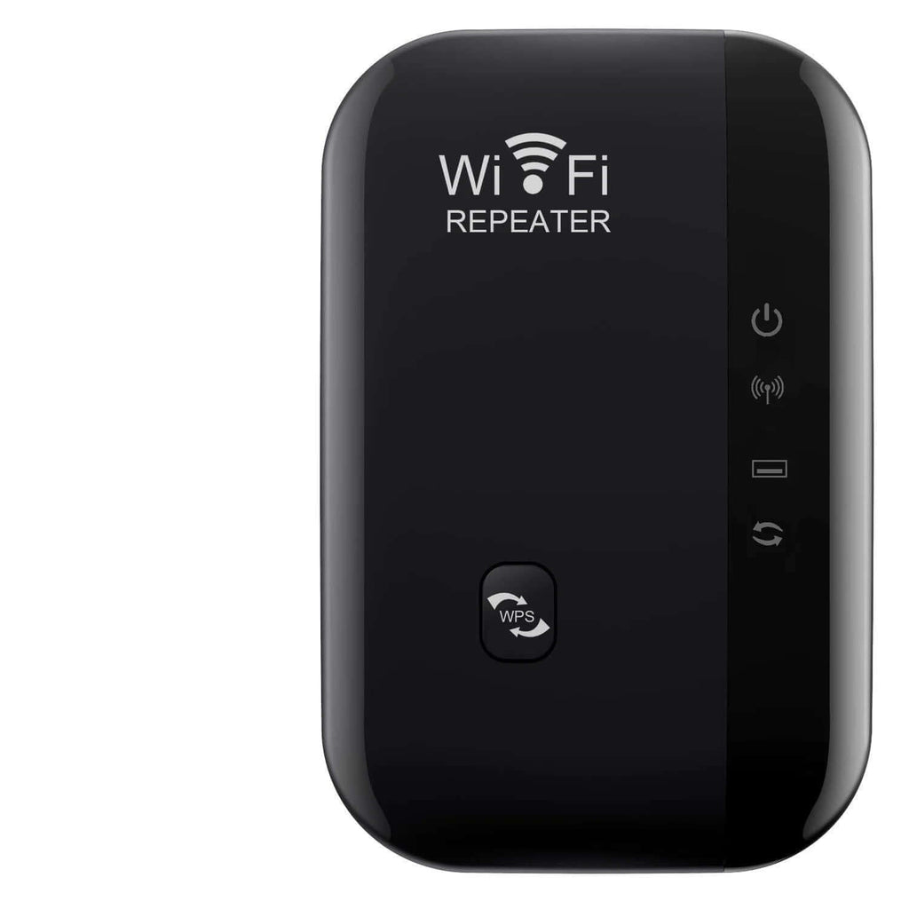 Wireless WiFi repeater with WPS button and LED indicators for signal extension and amplification.