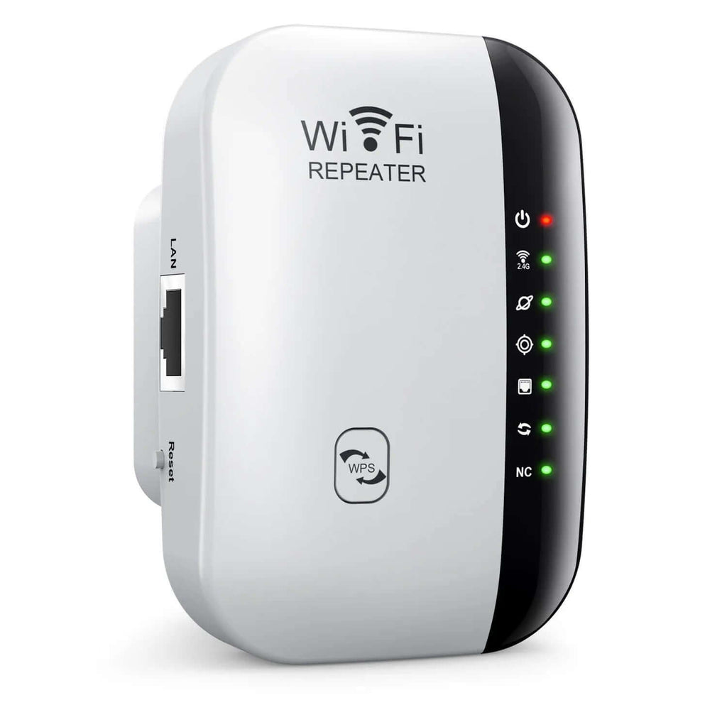Wireless WiFi Repeater 300Mbps with WPS button and LED status lights for signal enhancement.