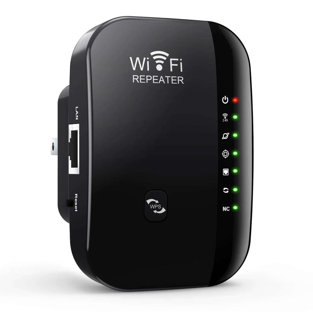 Wireless WiFi repeater with 300Mbps speed, enhancing signal range with status lights for connectivity.