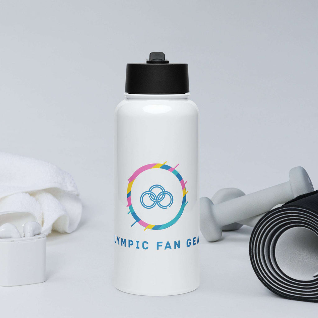 White stainless steel water bottle, 32oz, with black lid, foldable straw, and colorful logo - olympicfangear