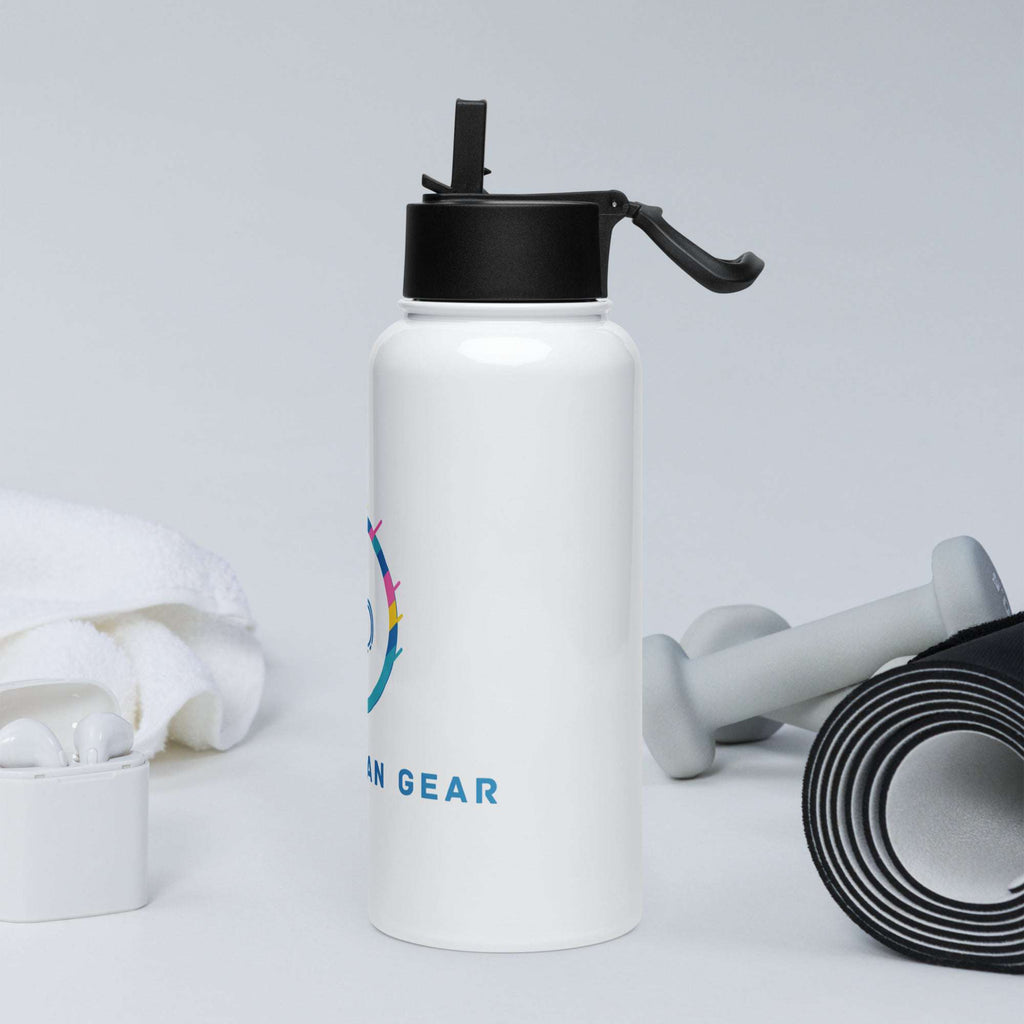 Right side view of a white 32oz stainless steel water bottle with black lid and foldable straw - olypicfangear