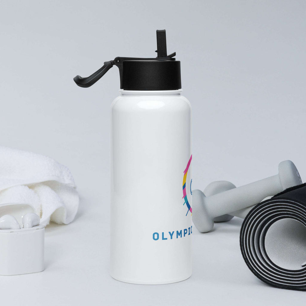 Left side view of a white 32oz stainless steel water bottle with black lid and foldable straw - olypicfangear
